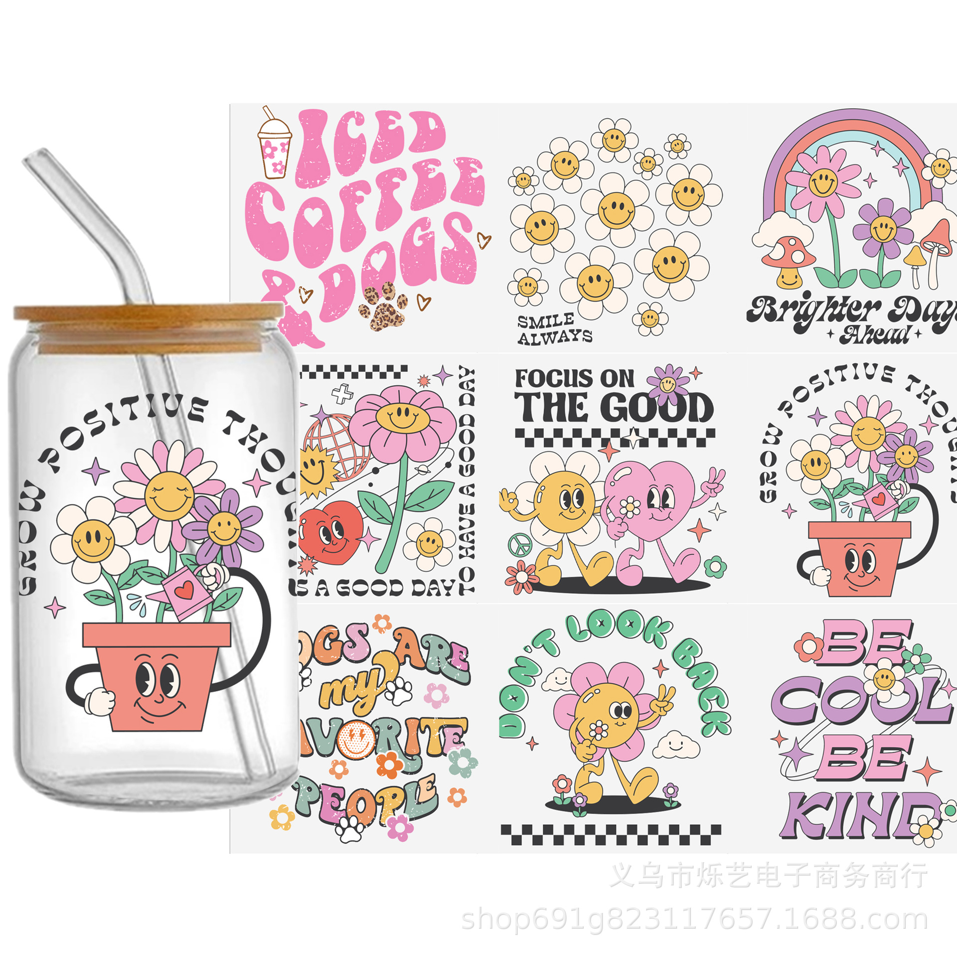 Wholesale Cute Smiling Flower Series 16oz C UV DTF Wraps