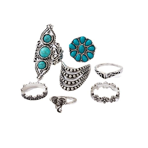 Wholesale Jewelry Retro Ethnic Style Turquoise Elephant Geometric Graphic 7-piece Silver Ring Set