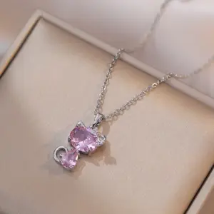 X1587 Steel Pink Diamond Cat Necklace