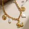 Wholesale Jewelry Elegant Baroque Style Geometric Flower 304 Stainless Steel Artificial Pearls 14K Gold Plated Multi Charms Necklace