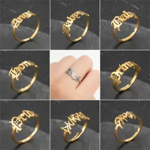 Wholesale PVD Coated 18K Gold Real Gold Plated Letter 201 Stainless Steel Fashion Waterproof Non Tarnish Rings
