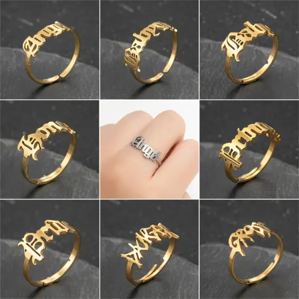 Wholesale PVD Coated 18K Gold Real Gold Plated Letter 201 Stainless Steel Fashion Waterproof Non Tarnish Rings