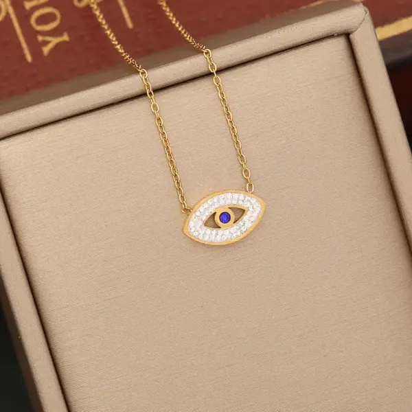 Wholesale 1 Piece Fashion Devil's Eye Stainless Steel Enamel Hollow Out Inlay Zircon Pendant Necklace