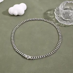 Curved Rectangular Zircon Cuban Link Chain Necklace (Steel Color)【String Length: 465mm】 / 1 Strand/Package