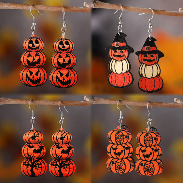 Wholesale Europe and the United States cross-border new Halloween bat grimace pumpkin pendant earrings wooden Gothic wind double-sided ear jewelry