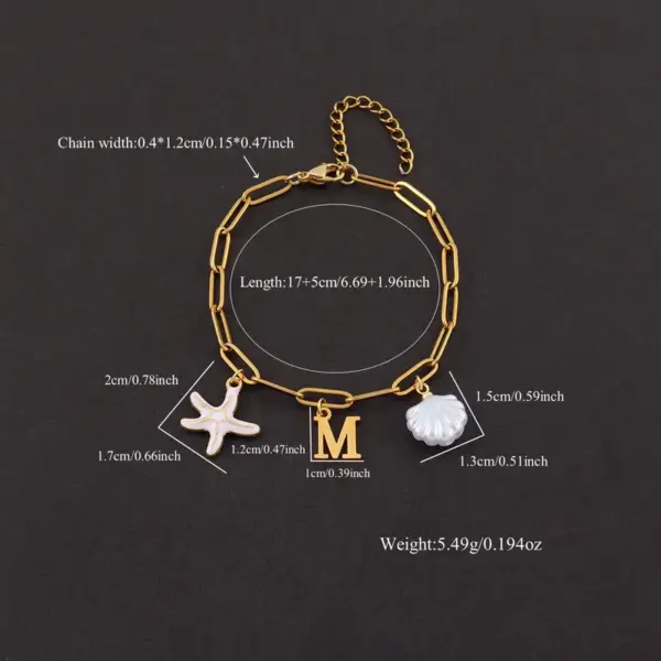 Wholesale Classic Summer Ocean Style Gold Stainless Steel Initial Bracelet Shell Starfish Pin Chain Ladies Bracelet Elegant Simple Design