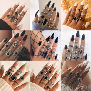 Wholesale Vintage carved sun feather cross black gemstone ring set