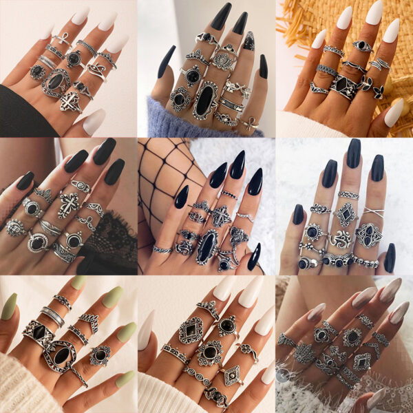 Wholesale Vintage carved sun feather cross black gemstone ring set