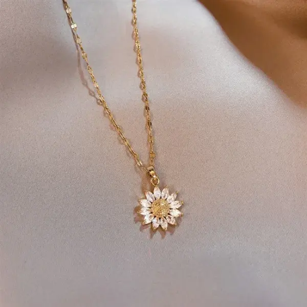 Wholesale Retro Sweet Sunflower Titanium Steel Copper Plating Inlay Zircon Pendant Necklace