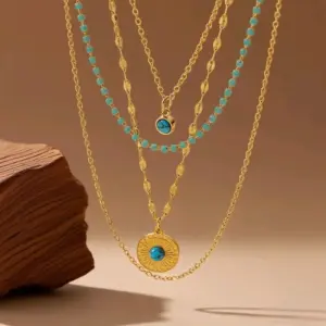 X01016-Four-layer Round Turquoise Necklace- Gold