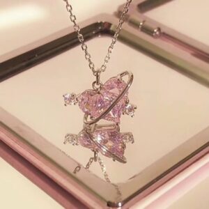 Wholesale Creative Heart Love Planet Necklace Female Ins Niche Design Accessible Luxury Sweet Pink Rhinestone Heart Clavicle Chain
