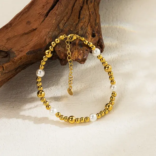 Wholesale Simple Style Round Stainless Steel Imitation Pearl Plating 18k Gold Plated Bracelets Necklace
