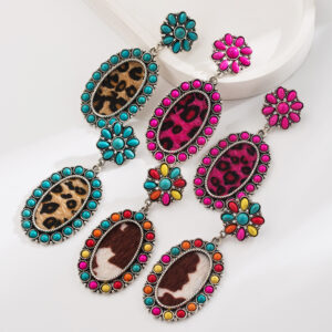 Wholesale Turquoise-set leopard print leather earrings