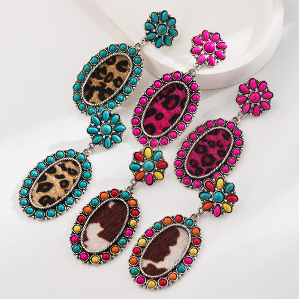 Wholesale Turquoise-set leopard print leather earrings
