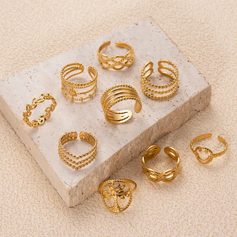 Wholesale PVD Coated Geometric 304 Stainless Steel IG Style Retro Waterproof Non Tarnish Open Ring