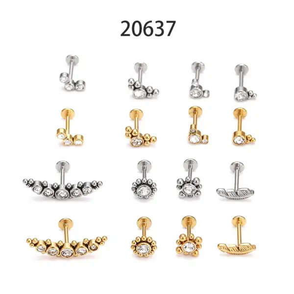 Wholesale Fashion Leaf Round Stainless Steel Inlaid Zircon Eyebrow Nails Ear Studs 1 Piece