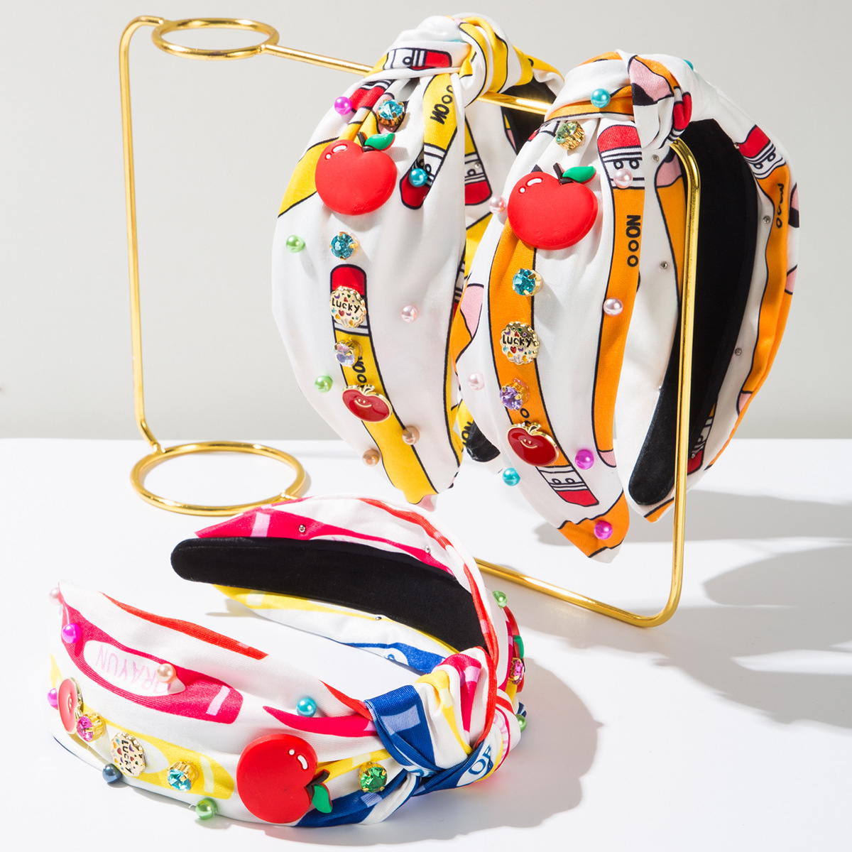 Wholesale Fashion School Season Printed Fabric Headband Diamond Pearl Red Apple Aessories Headband Youth Beautiful College Hair Aessories