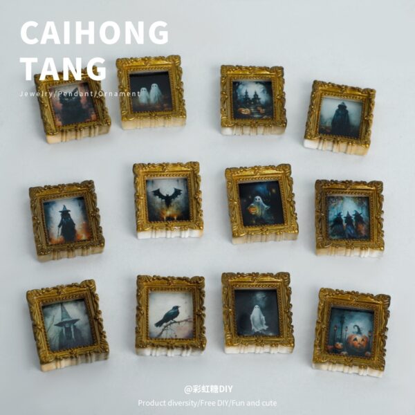 Wholesale Miniature resin gold ghost photo frame art ornament, DIY refrigerator magnet, creative earrings, hair clips, jewelry accessories