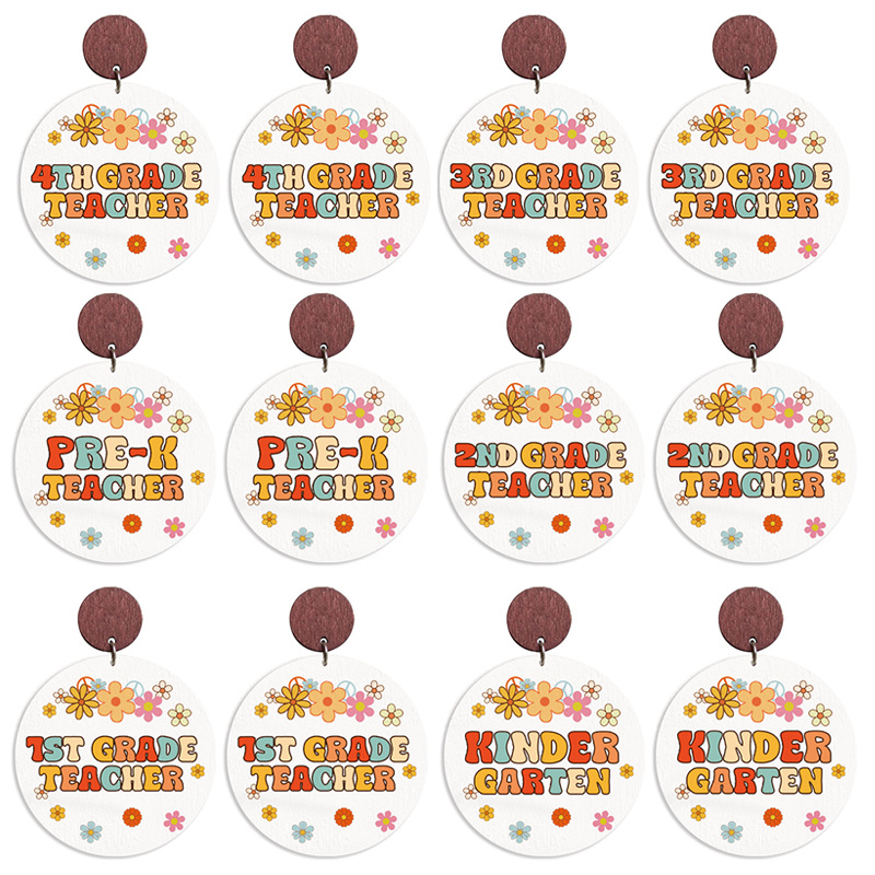 Wholesale Cross-border Amazon Teacher Gift Wooden Printed School Season Grade Text Retro Bohemian Autumn Earrings