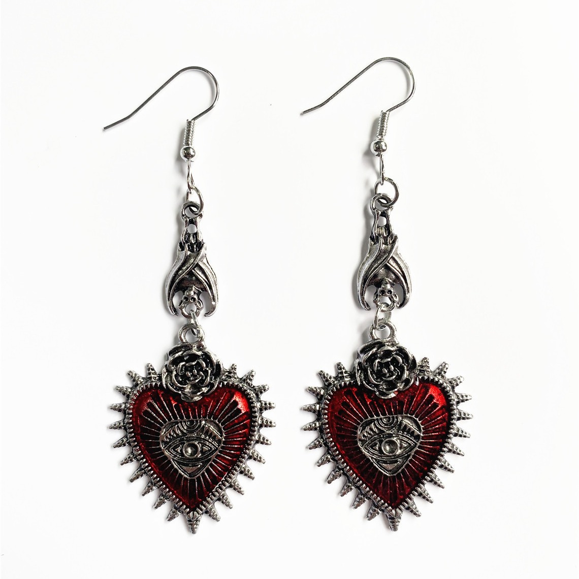 Wholesale Hot Gothic Punk Rose Wings Flower Red Oil ops Heart-Shaped Earrings Factory Direct Sale