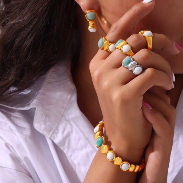 Wholesale Cross-Border Hot-Selling Niche Personalized Jewelry Geometric Inlaid Natural Stone Splicing Round Bead Design Titanium Steel Jewelry Set