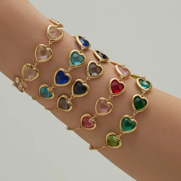 Wholesale 304 Stainless Steel Heart Glass Stone Zircon Earrings Heart Multicolor Vacuum Plating Chain Necklace Bracelet