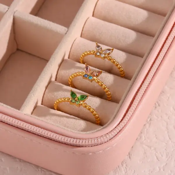 Wholesale PVD Coated Real Gold Plated 18K Gold Butterfly 304 Stainless Steel Waterproof Non Tarnish Rings