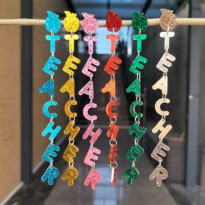 Wholesale Cross-border European and American Opening Season Graduation Season Teachers' Day Acrylic Earrings Long Simple Sequins English Letter Earrings