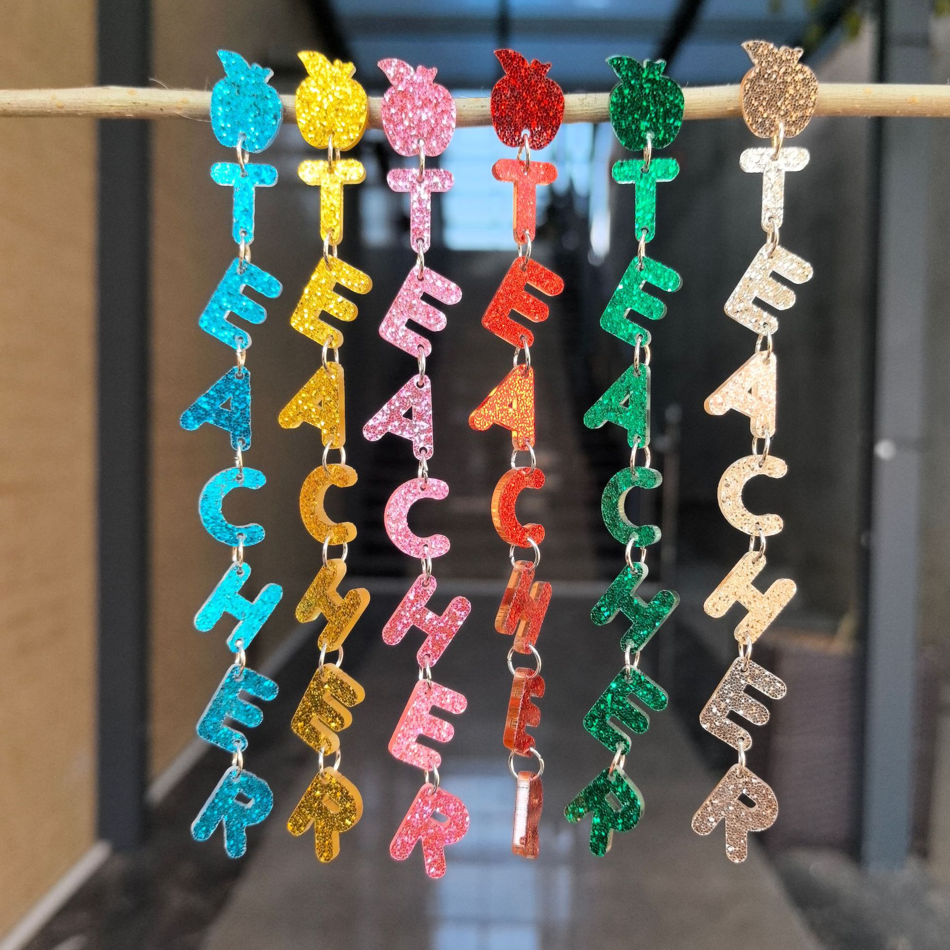 Wholesale Cross-border European and American Opening Season Graduation Season Teachers' Day Acrylic Earrings Long Simple Sequins English Letter Earrin