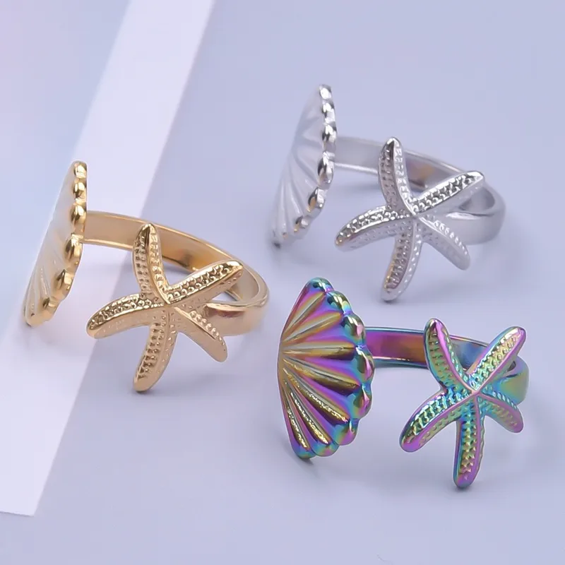 Wholesale PVD Coated Real Gold Plated 18K Gold Shell 304 Stainless Steel Commute Waterproof Non Tarnish Rings