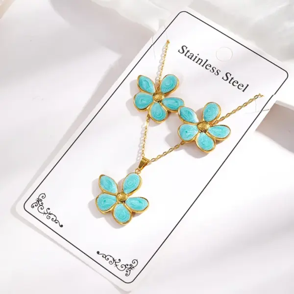 Wholesale 304 Stainless Steel Oil Drop Five Leaf Flower Necklace Earring Set Women's Jewelry Accessories Holiday Casual Vacation Style