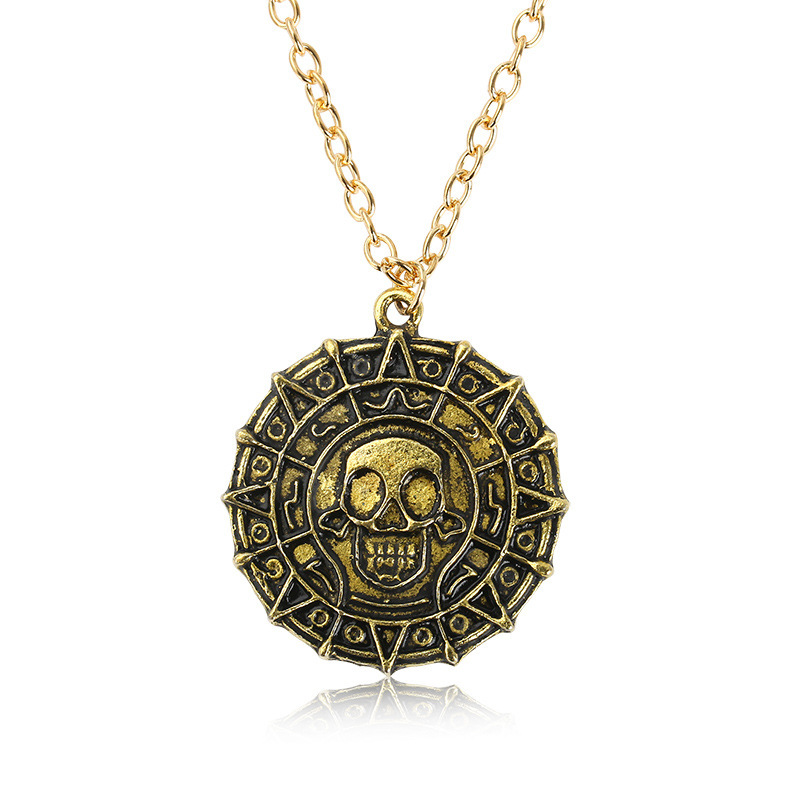 Wholesale European and American Movie Jewelry Necklace Aztec Gold Coin Chain Men Skull Necklace Pendant