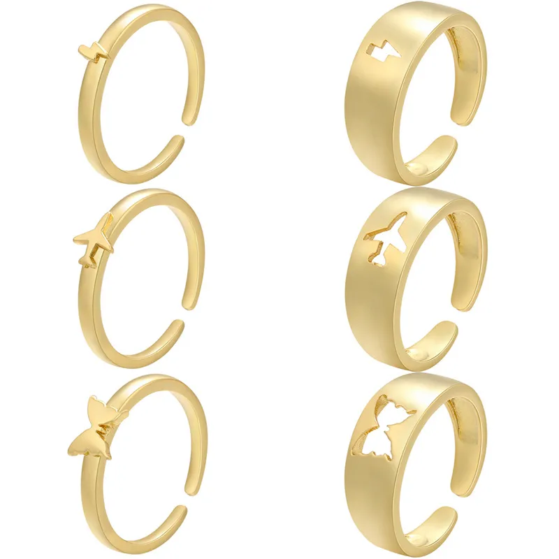Wholesale Glossy Copper Plated 18k Gold Ring Lightning Airplane Butterfly Pattern Couple Ring
