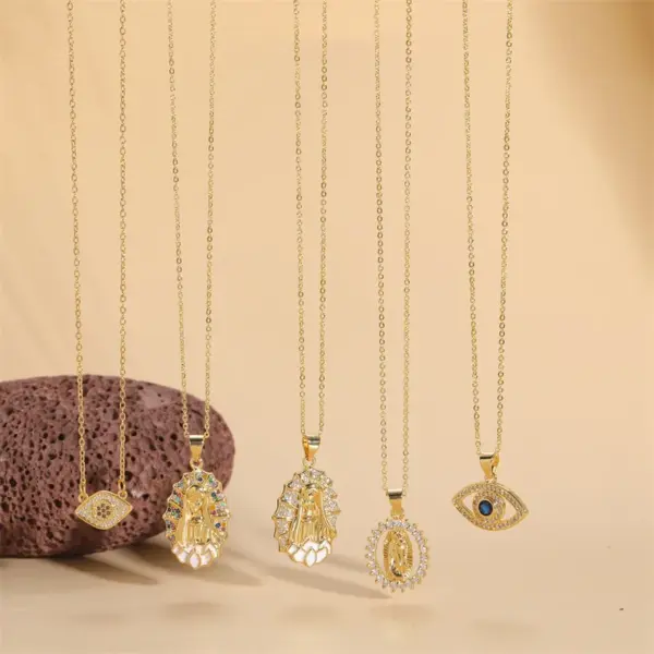 Wholesale Simple Style Virgin Mary Devil's Eye Copper 14k Gold Plated Zircon Pendant Necklace In Bulk