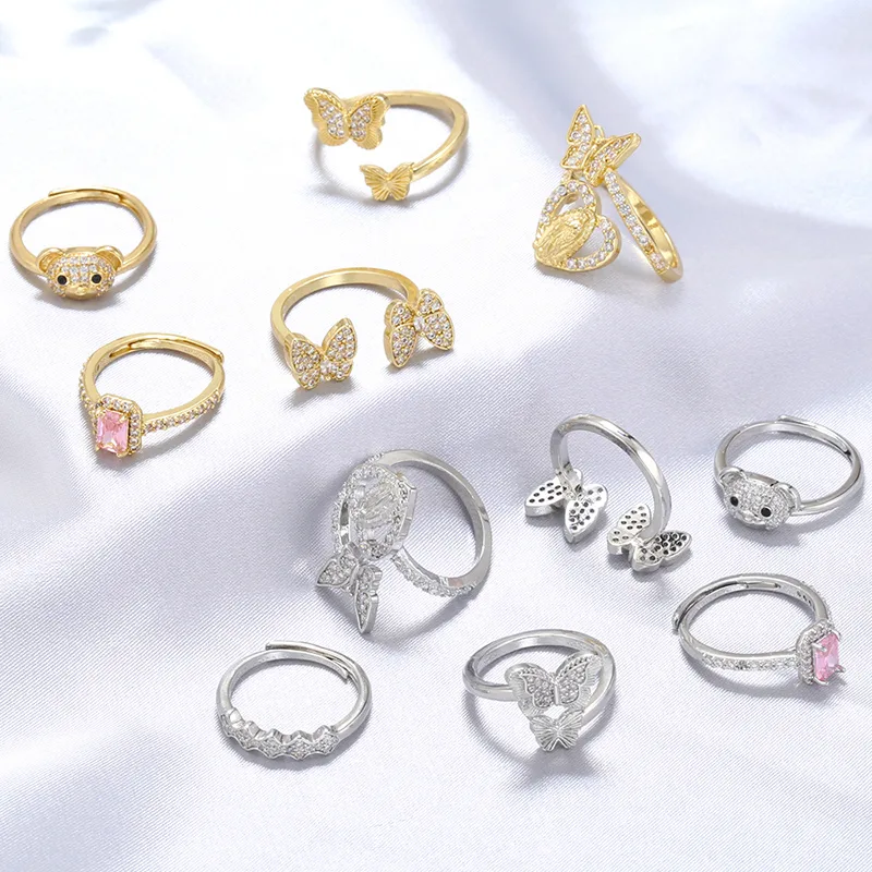 Wholesale Casual Elegant Butterfly Copper Plating Inlay Zircon 18k Gold Plated Open Rings