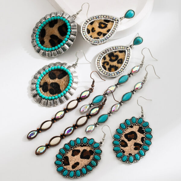 Wholesale Amazon Cross Border Fashion Retro Bohemian Turquoise Leopard Pendant Earrings Ethnic Long Earrings