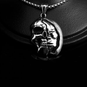 Wholesale stainless steel jewelry hip hop punk trend face skull double-sided pendant necklace