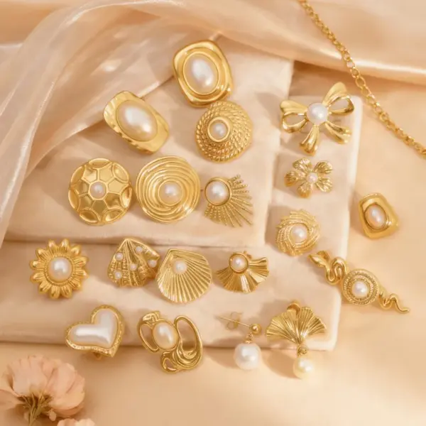 Wholesale Stainless Steel Geometric Oval Pearl Earrings For Women Retro Gold Pearl Earrings