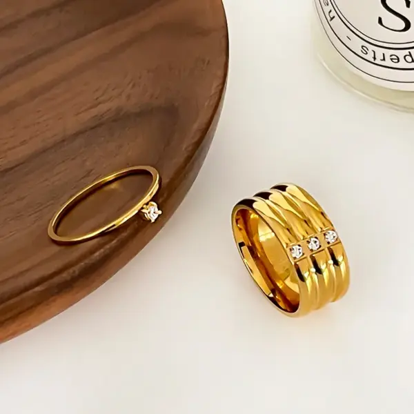 Wholesale 304 Stainless Steel Geometric PVD Coated Zircon Real Gold Plated Nordic Style Romantic Simple Style Waterproof Non Tarnish Surgical Steel Plating Gold Rings