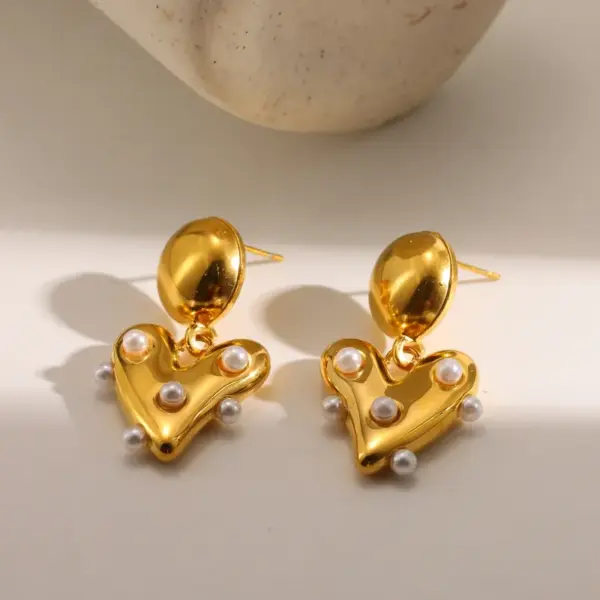 Wholesale 18K Gold Plated 304 Stainless Steel Vacuum Electroplating (In Furnace) Imitation Pearl Heart-Shaped Flat Snake Chain Cable Chain/Cross Chain/O Chain Jewelry Set For Women Valentine's Day