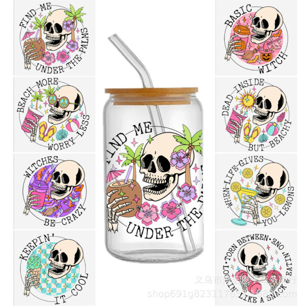 Wholesale Halloween Skull Milk Tea Coffee 16oz Cup UV DTF Wraps
