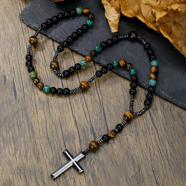 Wholesale Cross border hot sale natural stone black stone yellow tiger eye iron stone cross religious men's necklace men hip hop necklace
