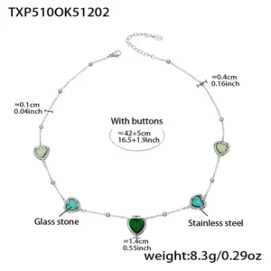 TXP510-Purple Green Glass Stone Steel Color Necklace 42+5cm
