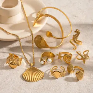 Wholesale 304 Stainless Steel Starfish Hippocampus Shell PVD Coated Artificial Pearls 18K Real Gold Plated Real Gold Plated Vacation Simple Style IG Style Waterproof Non Tarnish Scallop Inlay Gold Rings Earrings Necklace