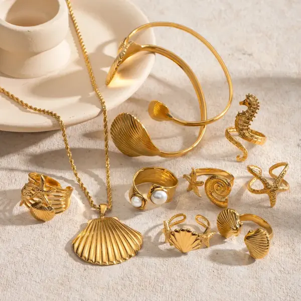 Wholesale 304 Stainless Steel Starfish Hippocampus Shell PVD Coated Artificial Pearls 18K Real Gold Plated Real Gold Plated Vacation Simple Style IG Style Waterproof Non Tarnish Scallop Inlay Gold Rings Earrings Necklace