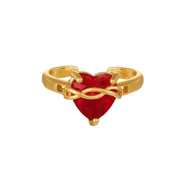 Wholesale Heart Shape Open Ring For Women In Copper With Electroplated Gold Plating And Enamel Craft Featuring Zircon Inlay