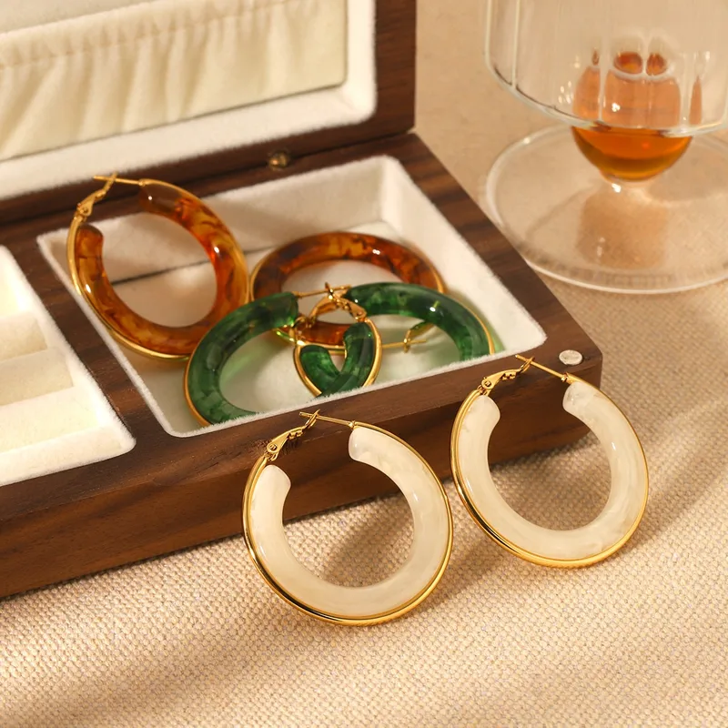 Wholesale 304 Stainless Steel Resin Circle Resin Real Gold Plated Exaggerated Streetwear Earrings
