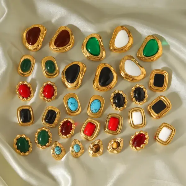 304 Stainless Steel Inlaid Natural Stone Irregular Shape Stud Earrings Plated 18K Real Gold Zircon Pearl Vintage Earrings