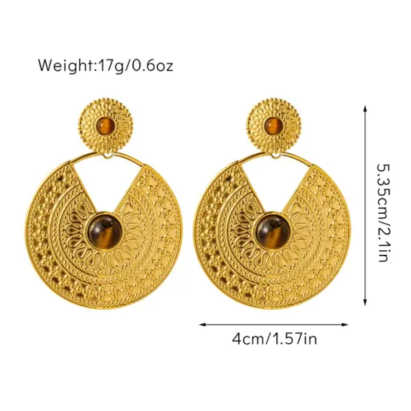 Wholesale 1 Pair Retro Bohemian Round Oval Titanium Steel Natural Stone Drop Earrings