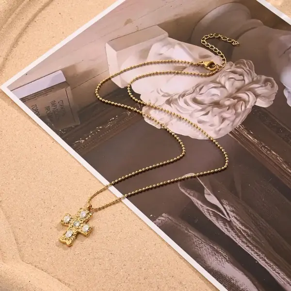 Wholesale Jewelry Casual Vacation Cross 304 Stainless Steel Rhinestones 18K Gold Plated Handmade Polishing Plating Ball Chain Cable Chain Necklace